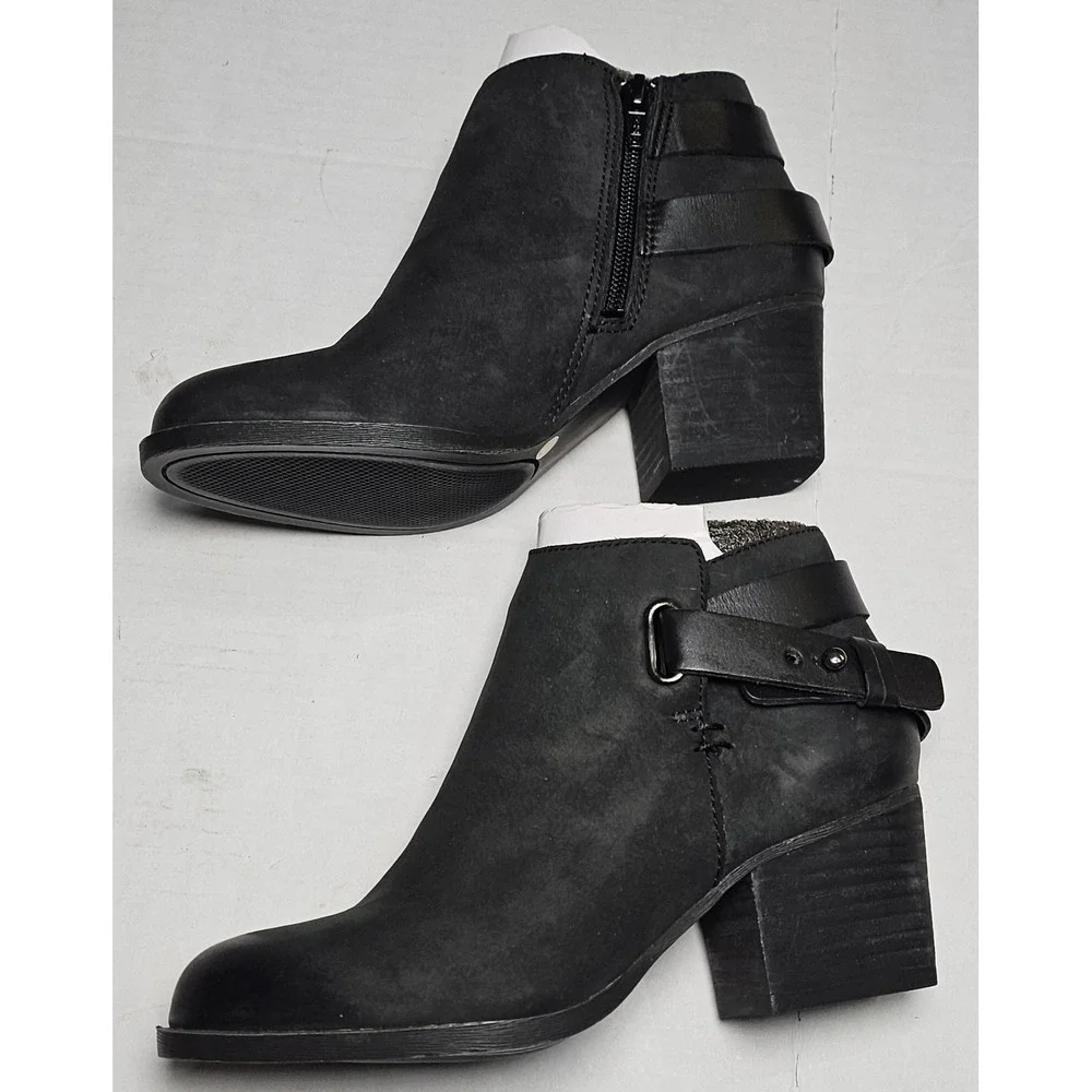 Sole Society Angie Black Leather Ankle Boots Block Heel Side Zip Buckle Womens 5